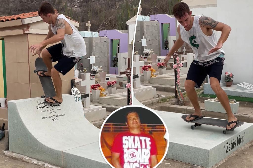 Skateboarders pay a touching tribute to a dead friend by building him a unique headstone